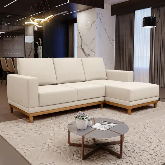 Sofá 3 Lugares Beny com Chaise Direito Suede Bege